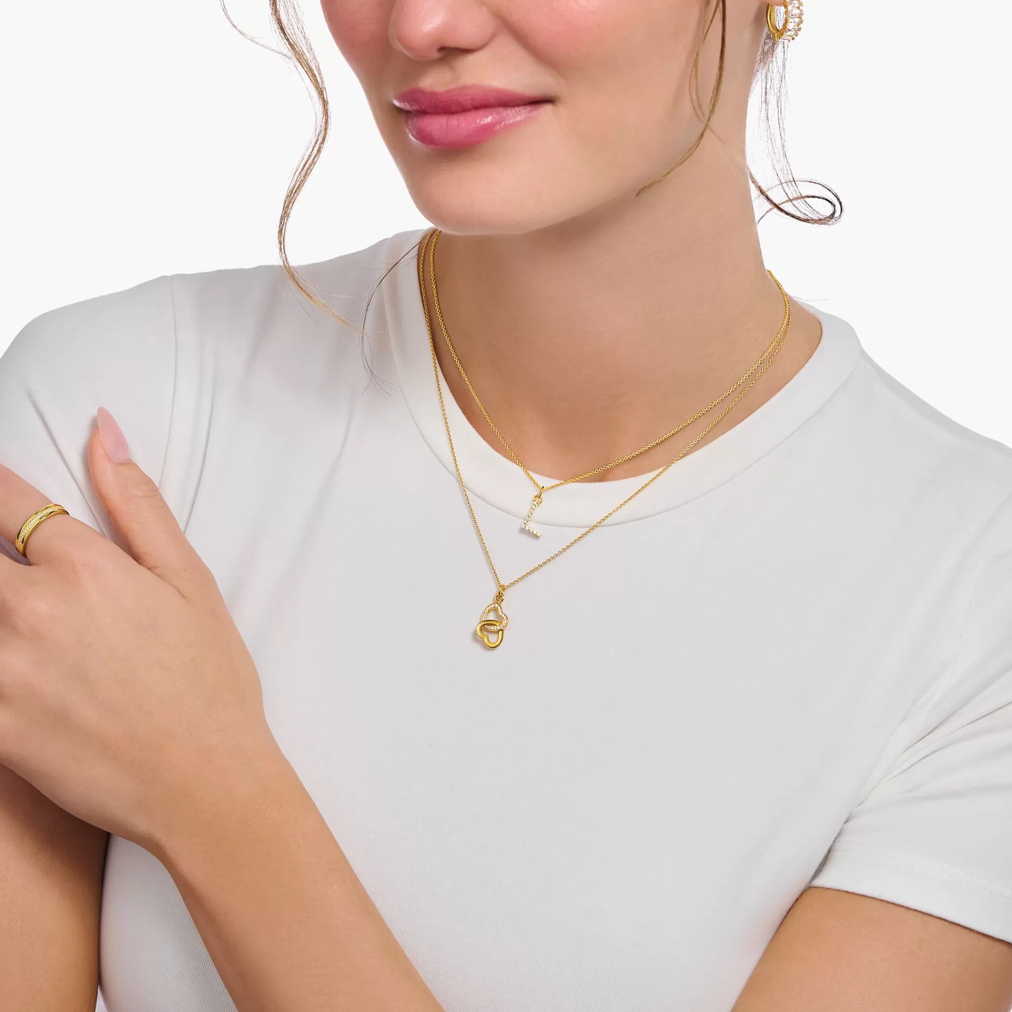 THOMAS SABO Gold-plated necklace with letter pendant F and white zirconia-Women Necklaces | 18-Carat Gold-Plating - 925 Silver