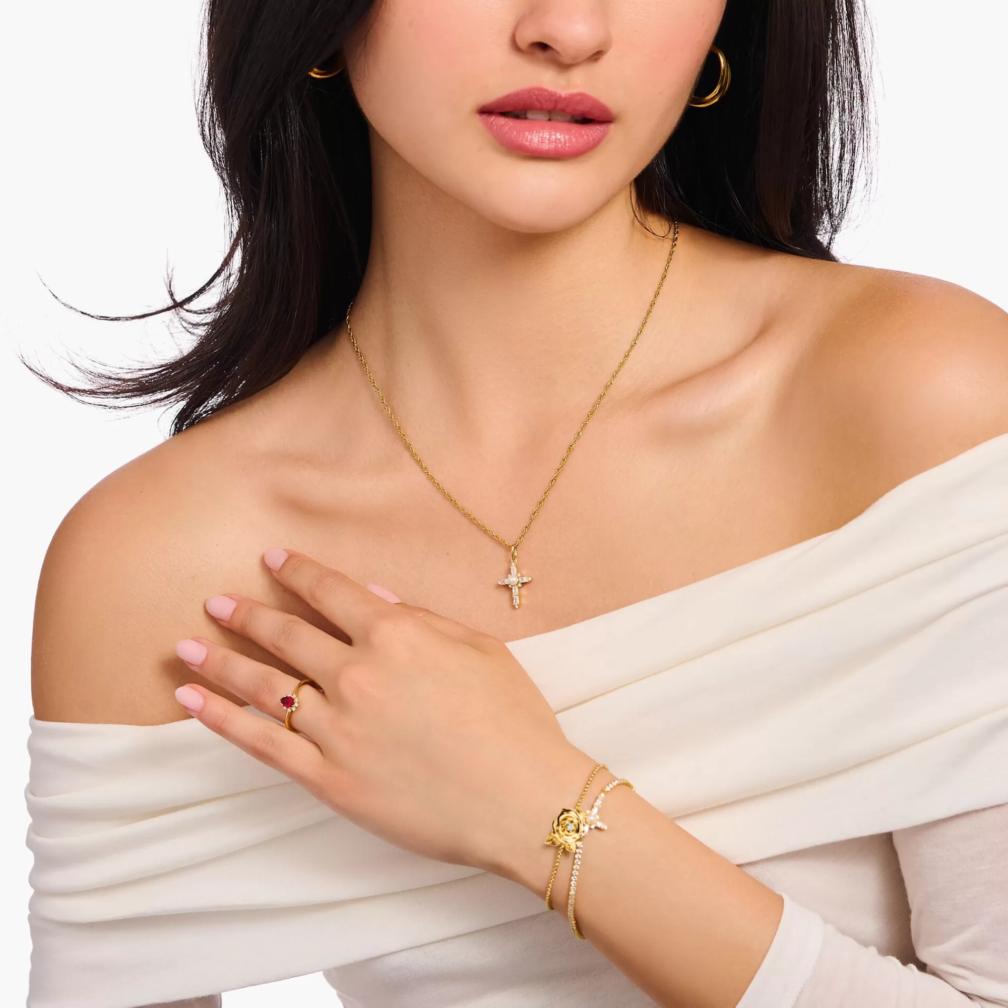 THOMAS SABO Gold-plated necklace with white cross pendant Cross Romance-Women Necklaces