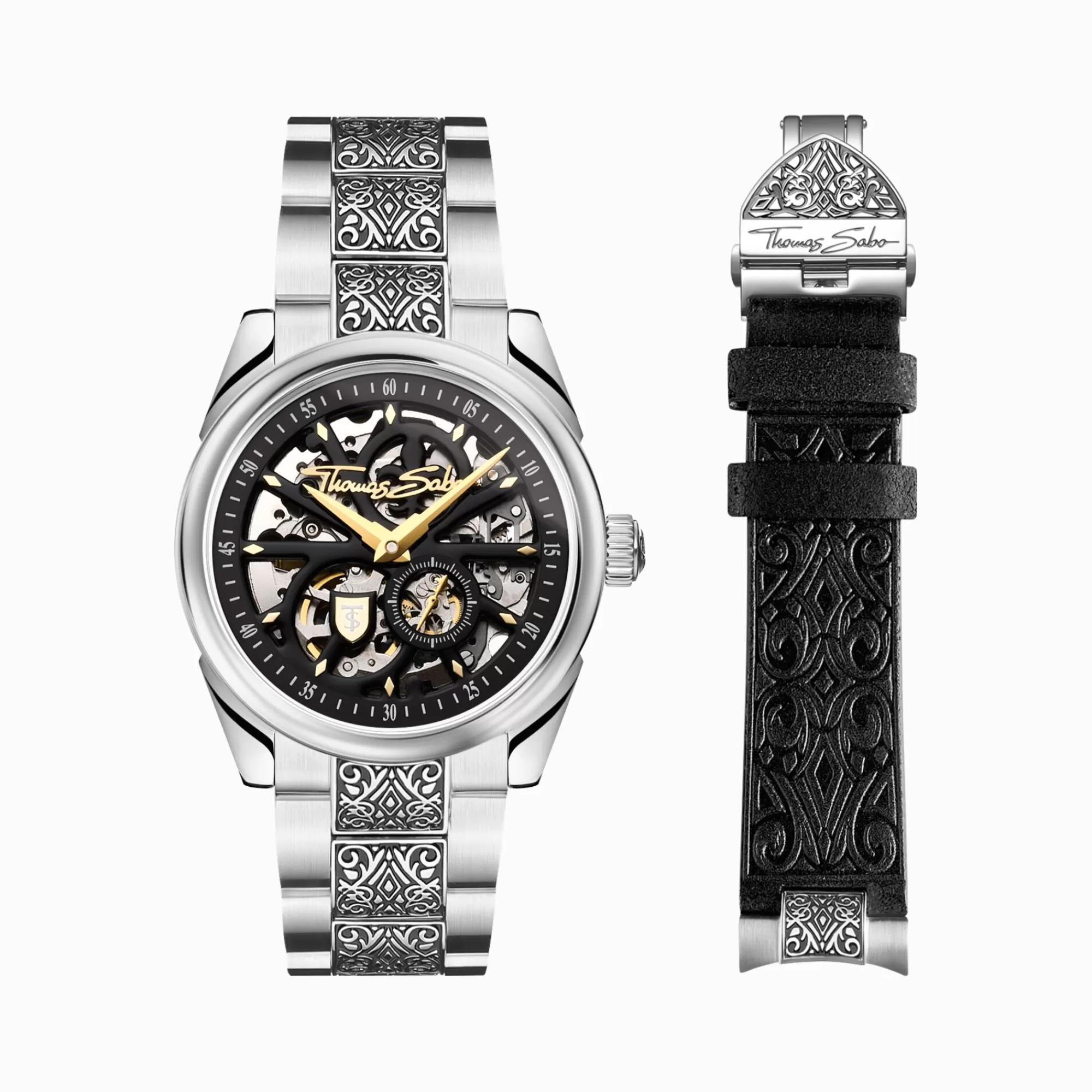 THOMAS SABO Silver automatic watch with 41 mm, black dial & acanthus pattern- Watches | Watches