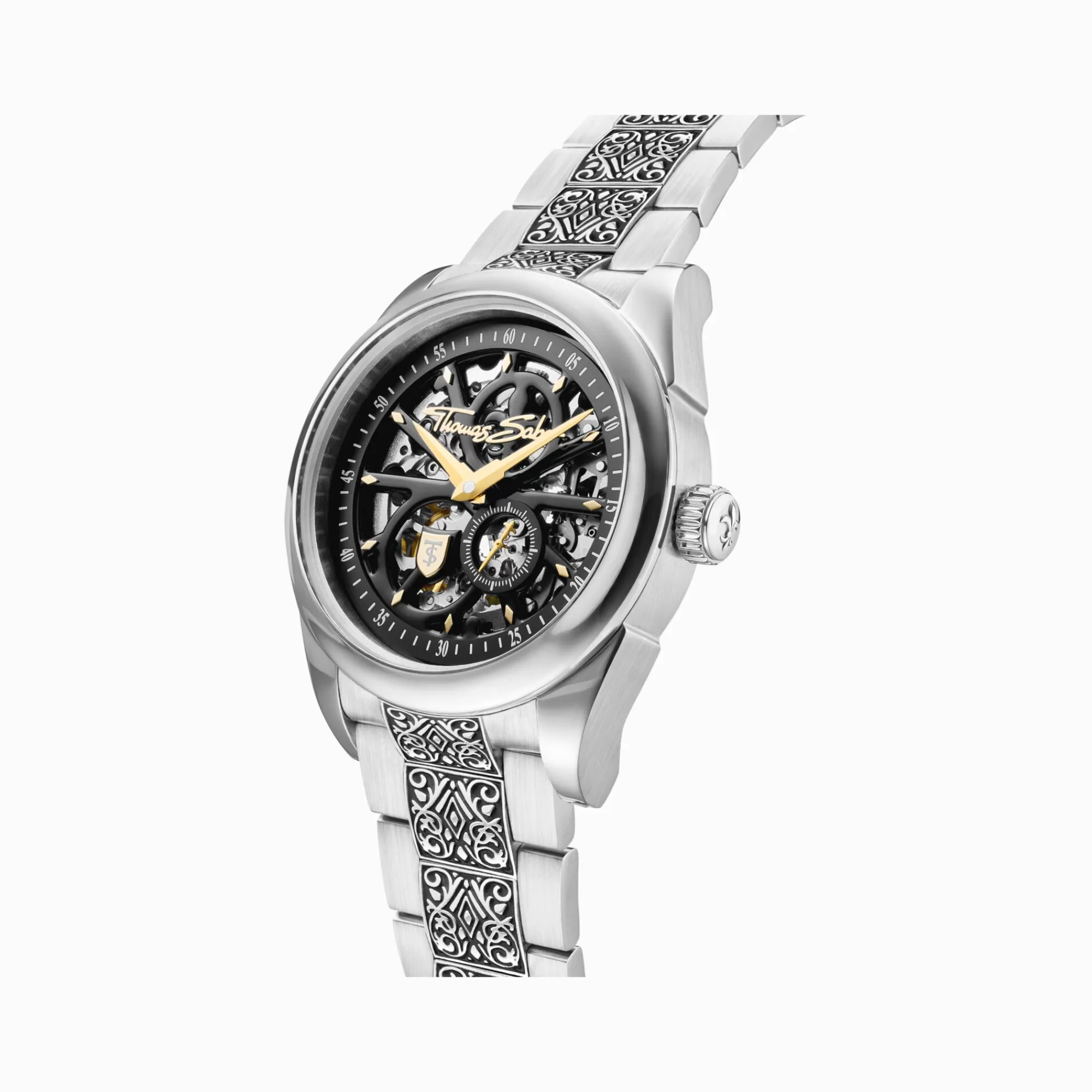 THOMAS SABO Silver automatic watch with 41 mm, black dial & acanthus pattern- Watches | Watches