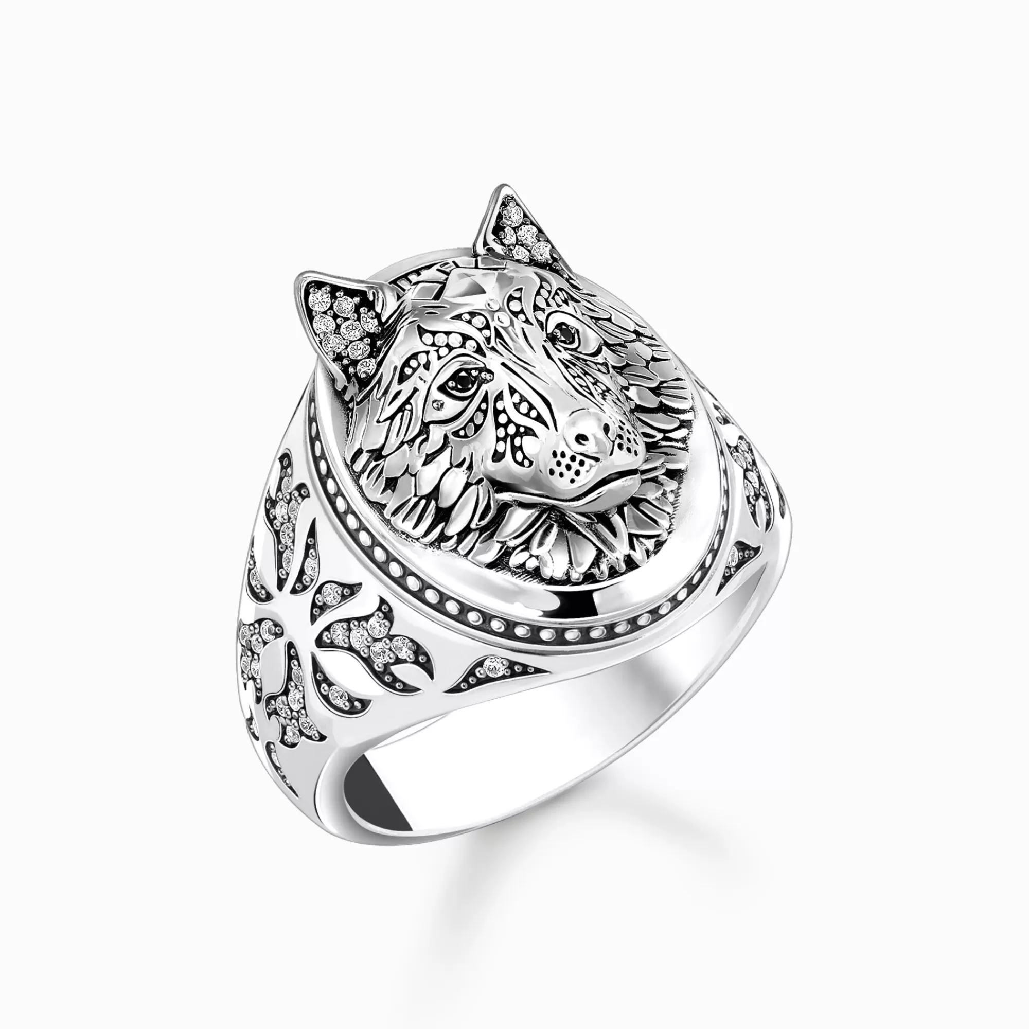 THOMAS SABO Silver blackend signet ring wolf's face with stones-Women Rings | Rings