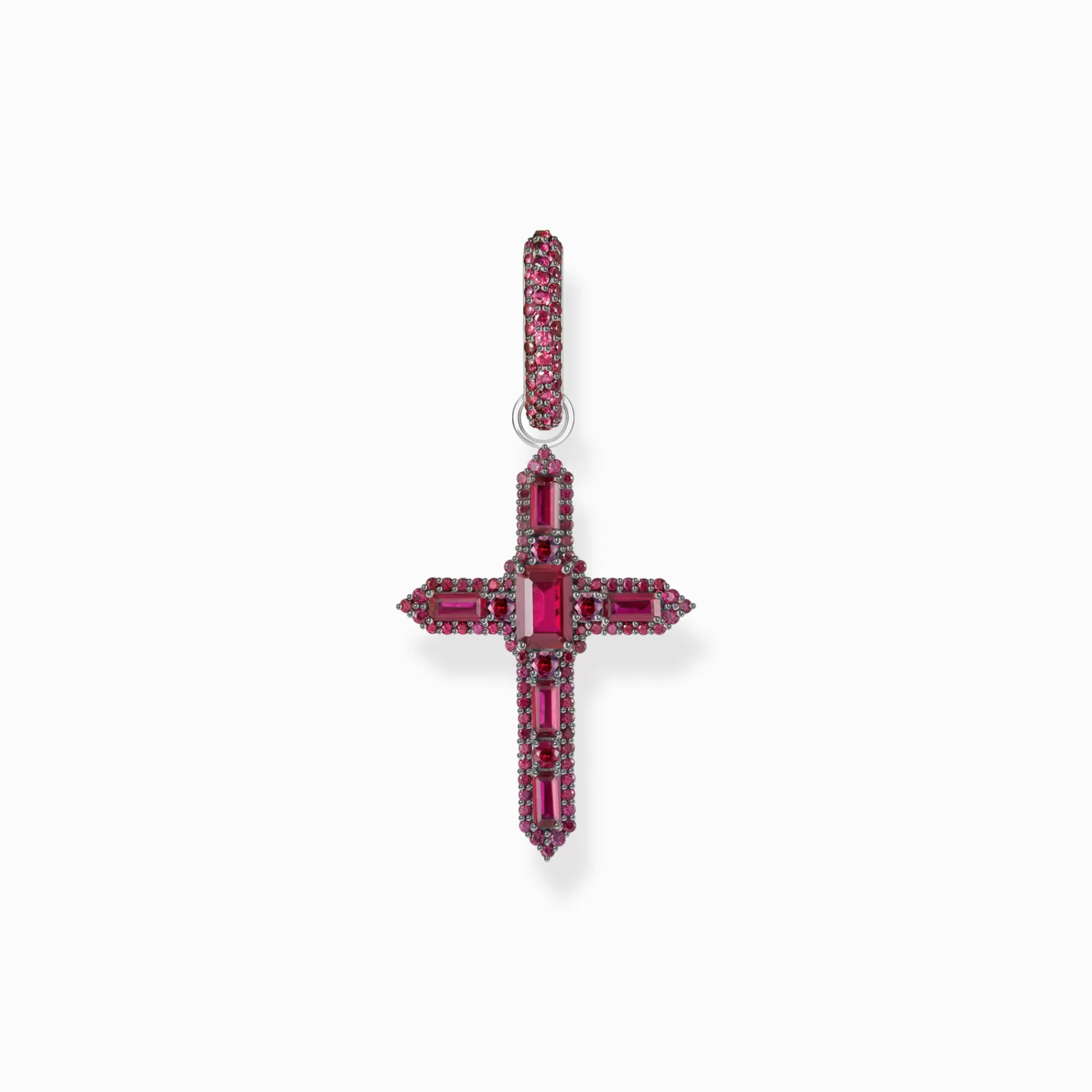 THOMAS SABO Silver blackened cross single hoop earring with ruby red stones-Women Hoop Earrings | 925 Silver