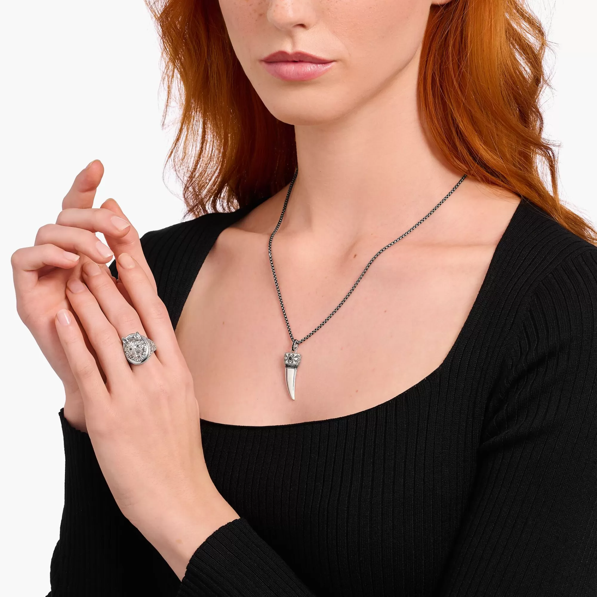 THOMAS SABO Silver blackened necklace with wolf's tooth pendant and stones-Women Necklaces | Necklaces & Chains