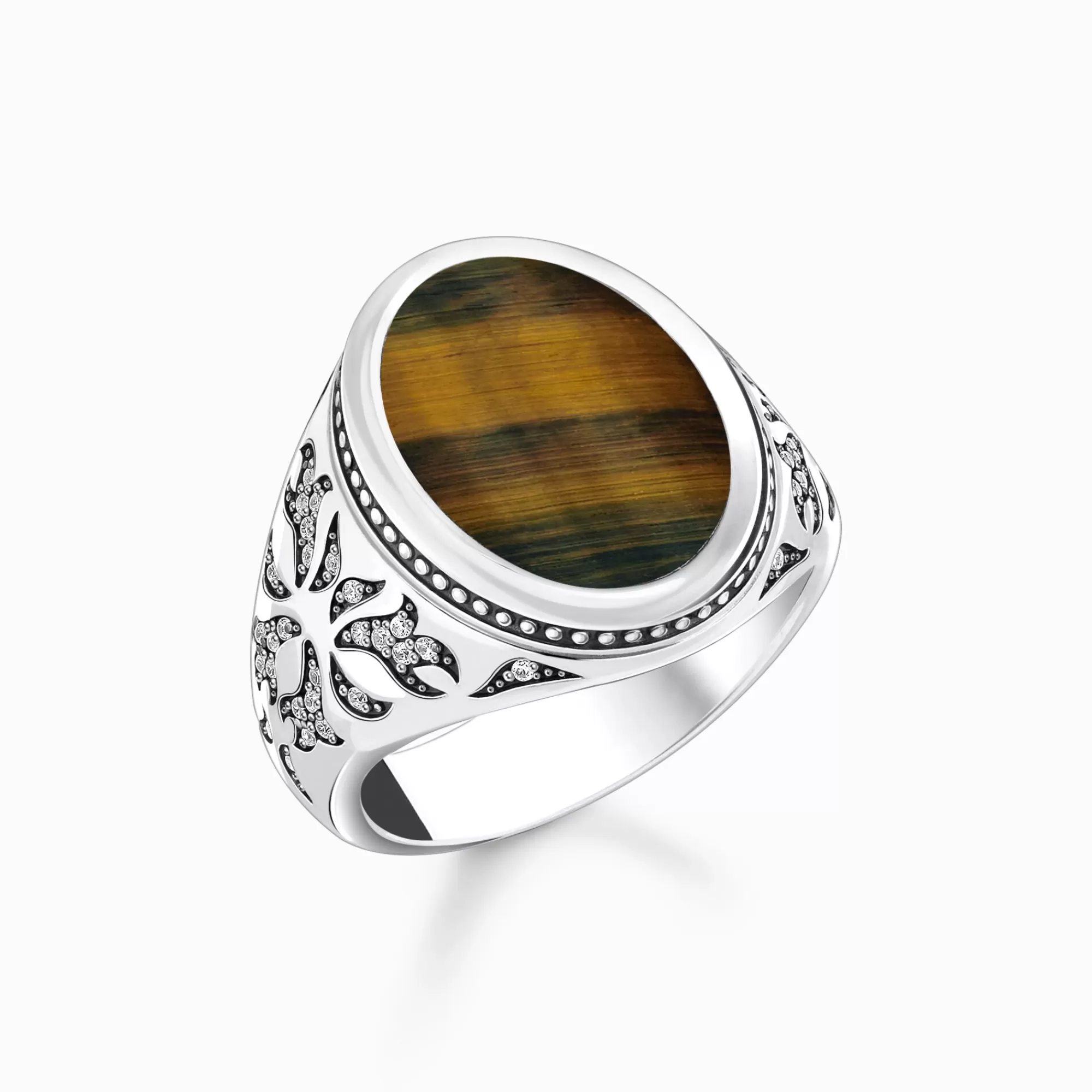 THOMAS SABO Silver blackened signet ring with gold blue tiger's eye-Women Rings | Rings