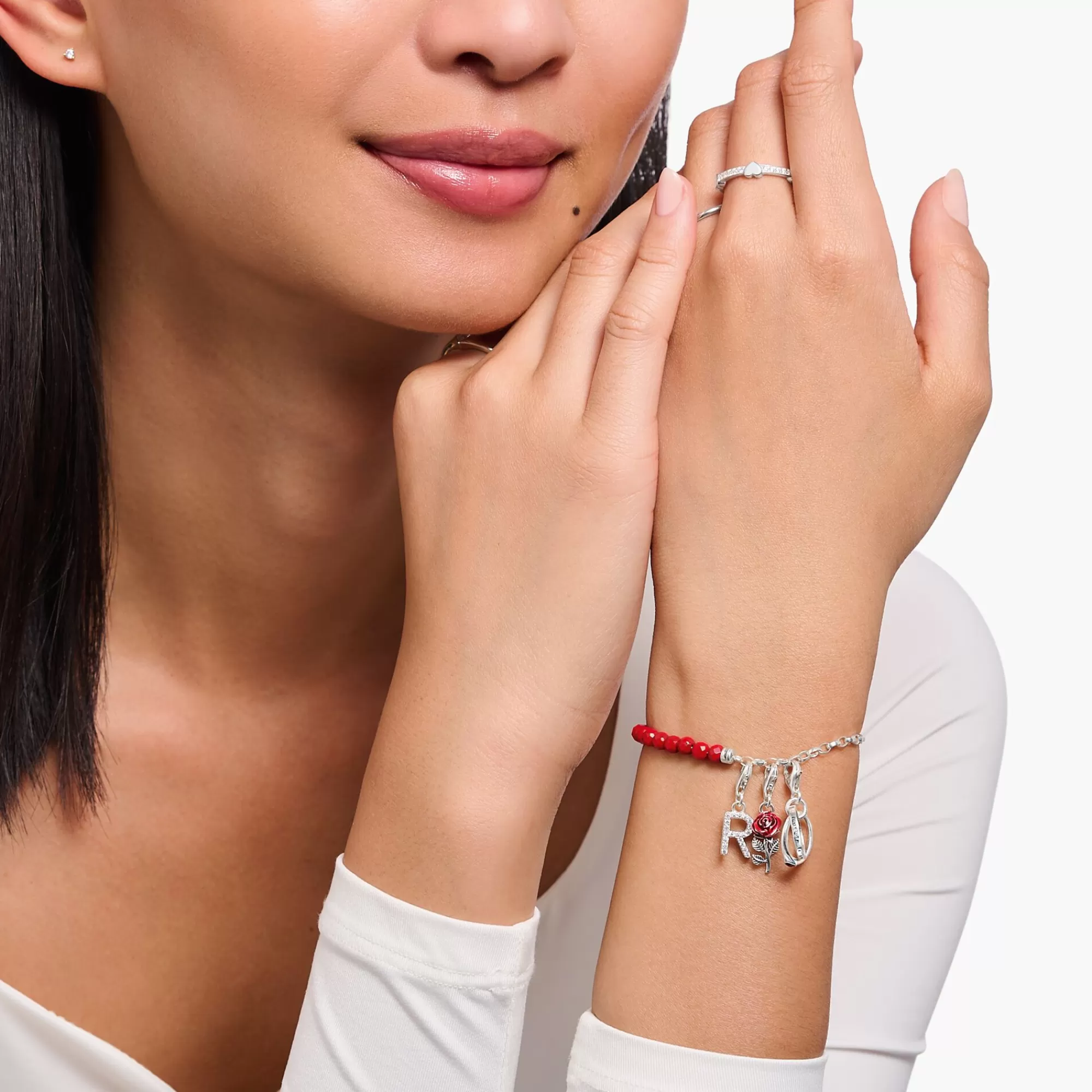 THOMAS SABO Silver charm pendant with two linked rings and a red stone-Women Charms | Charms