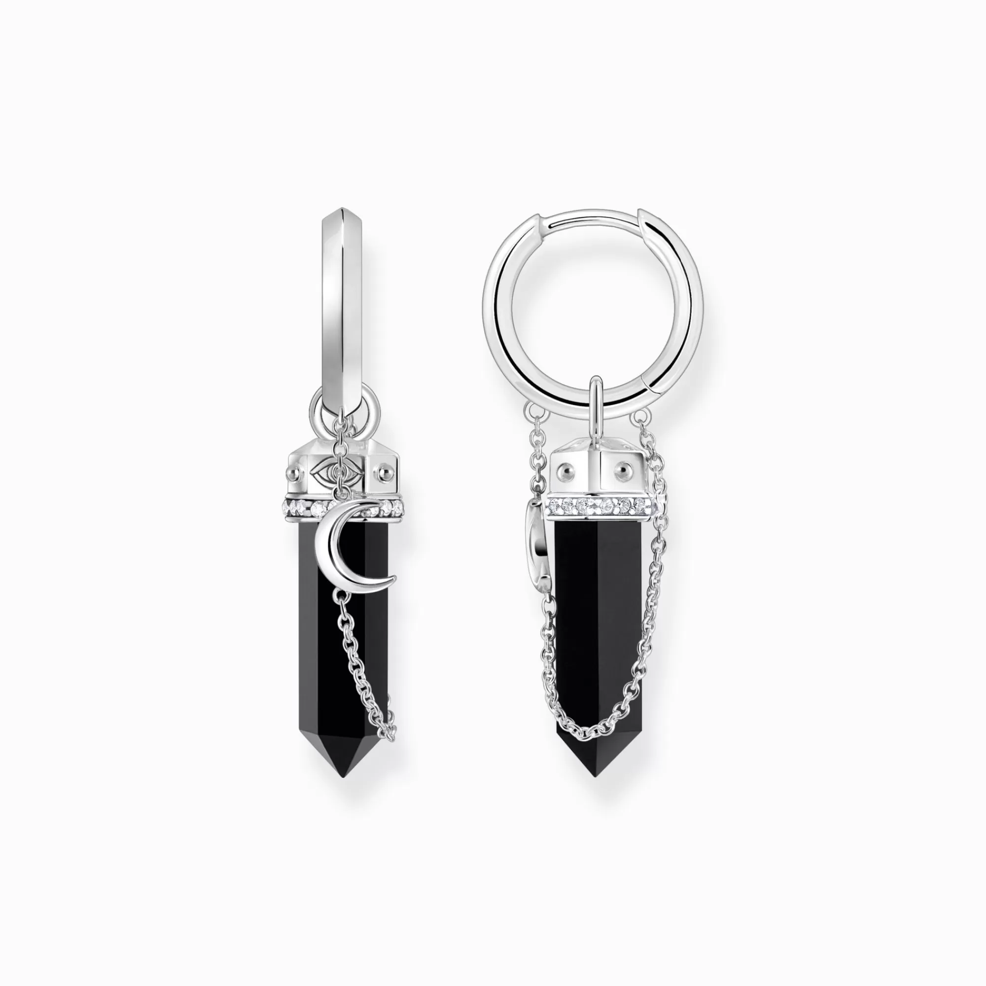 THOMAS SABO Silver hoop earrings with onyx in hexagon-shape and small chain-Women Hoop Earrings