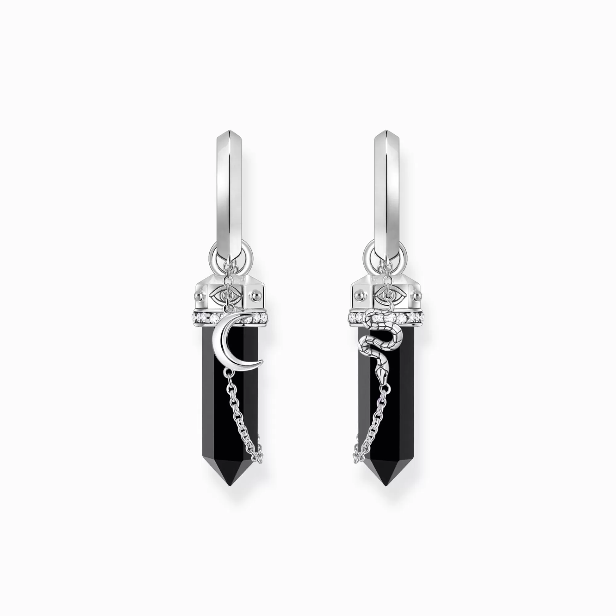 THOMAS SABO Silver hoop earrings with onyx in hexagon-shape and small chain-Women Hoop Earrings