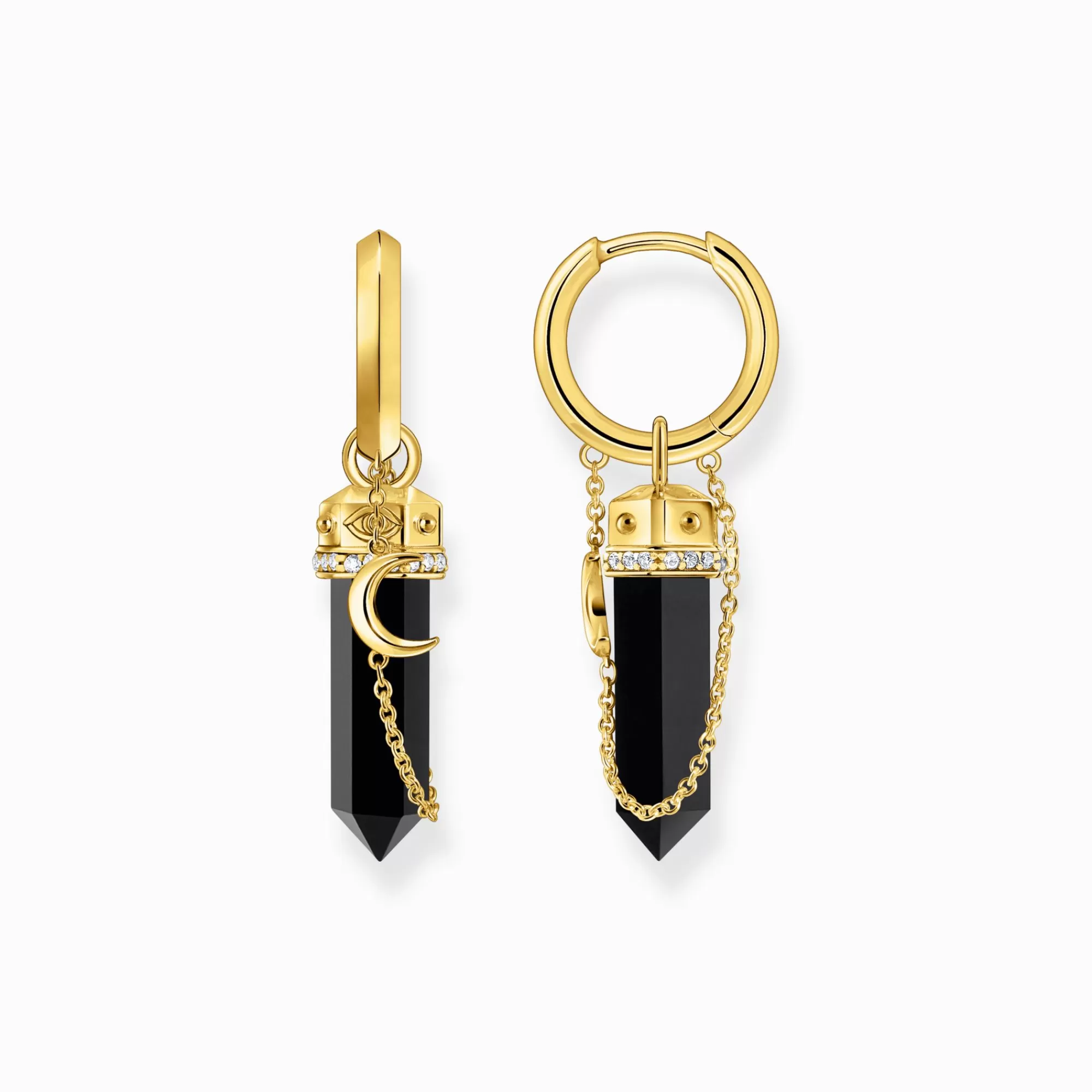 THOMAS SABO Yellow-gold plated hoop earrings with onyx and small chain-Women Hoop Earrings | 18-Carat Gold-Plating - 925 Silver