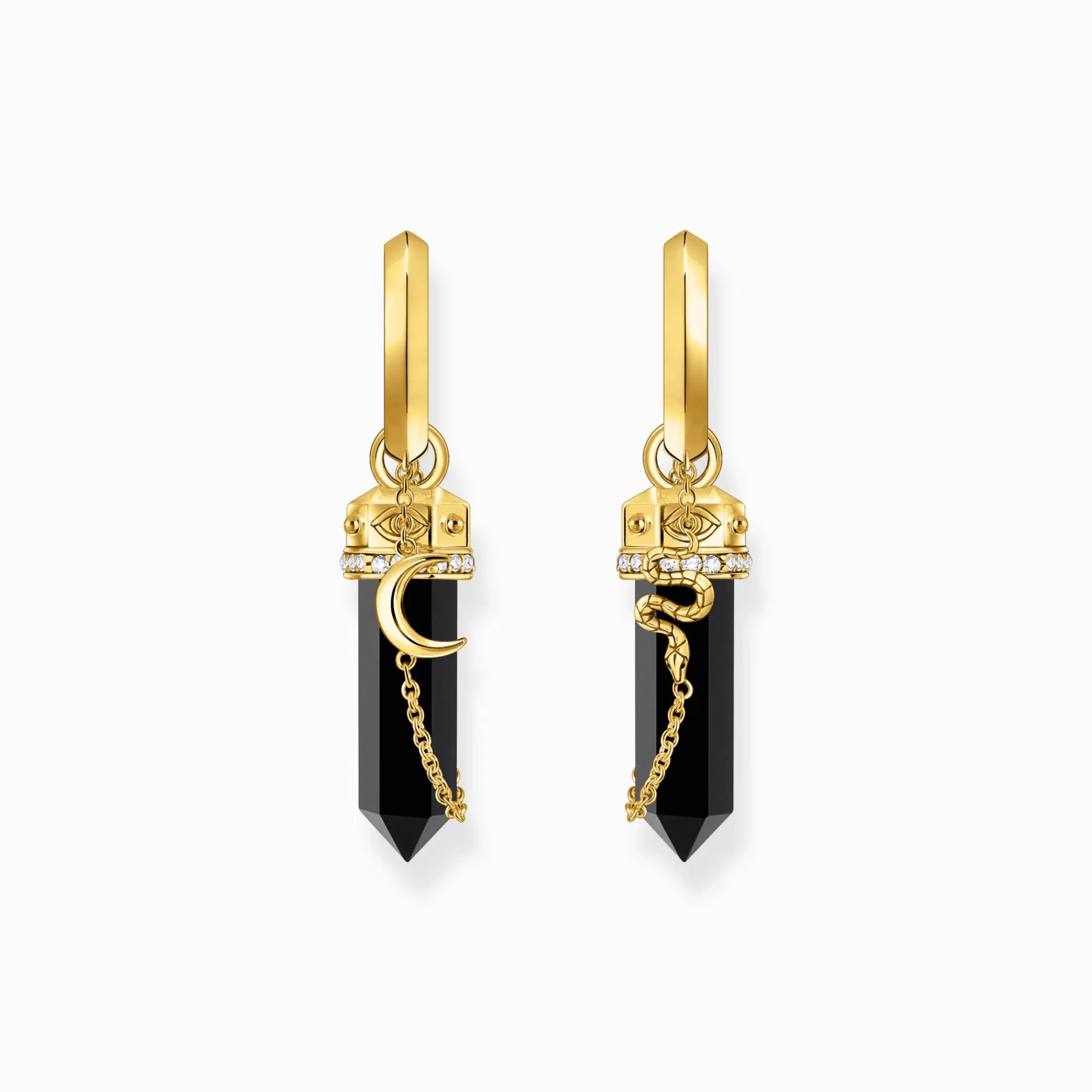 THOMAS SABO Yellow-gold plated hoop earrings with onyx and small chain-Women Hoop Earrings | 18-Carat Gold-Plating - 925 Silver