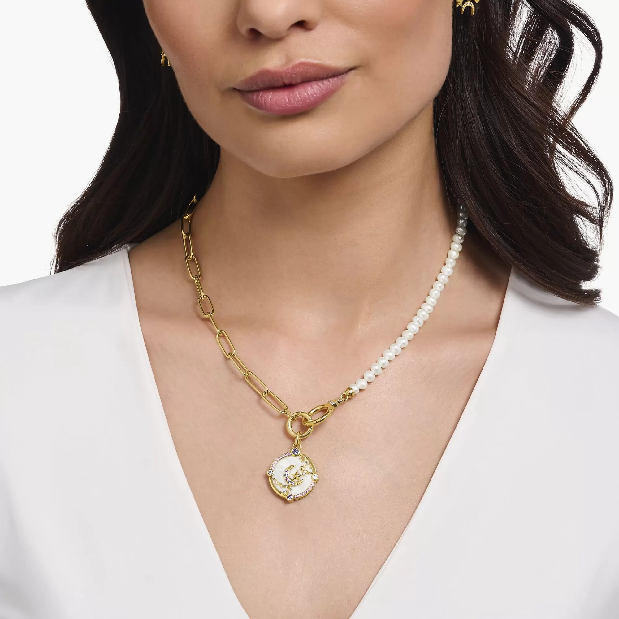 THOMAS SABO Yellow-gold plated necklace with freshwater pearls and zirconia-Women Necklaces | 18-Carat Gold-Plating - 925 Silver